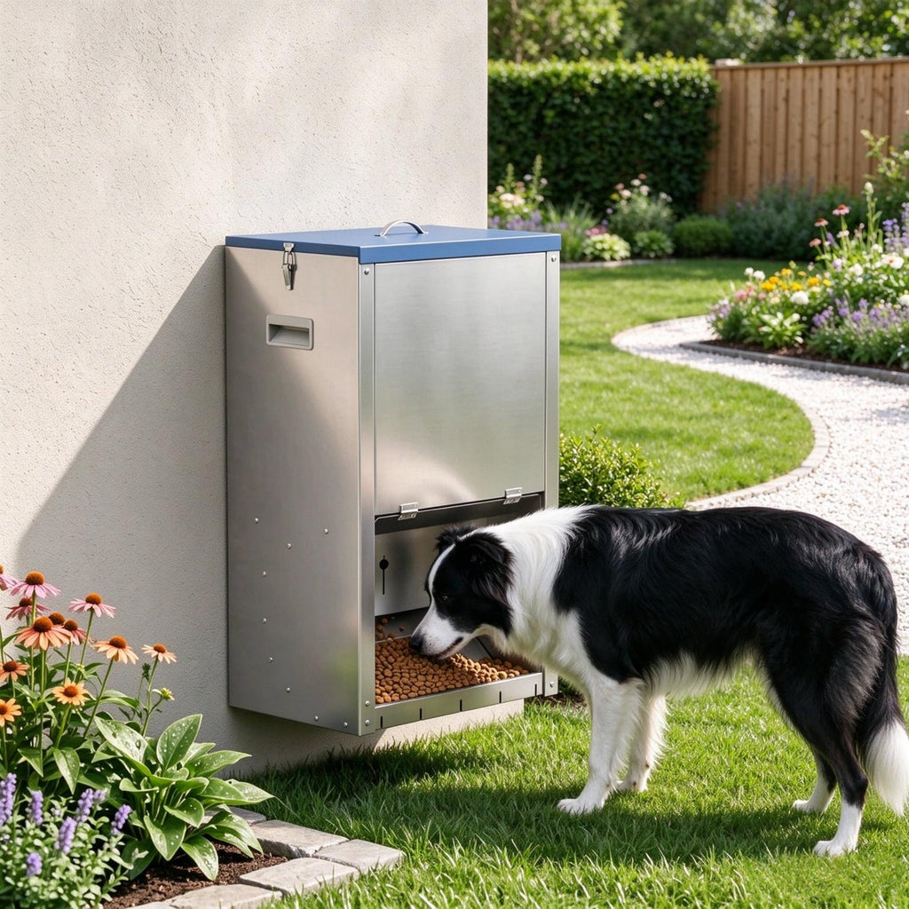 Galvanized gravity dog feeder — outdoor feeding setup