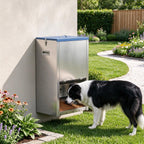 Galvanized gravity dog feeder — outdoor feeding setup