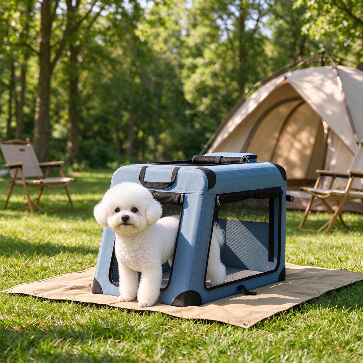 Small dog beside a blue pet carrier