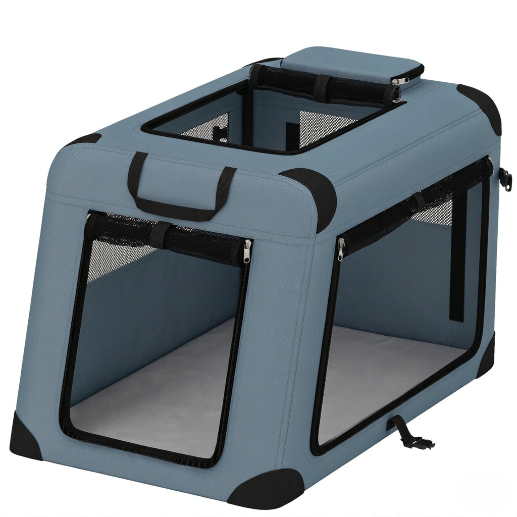 Mesh doors and top opening of soft-sided carrier
