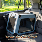 Blue pet carrier positioned on a car seat