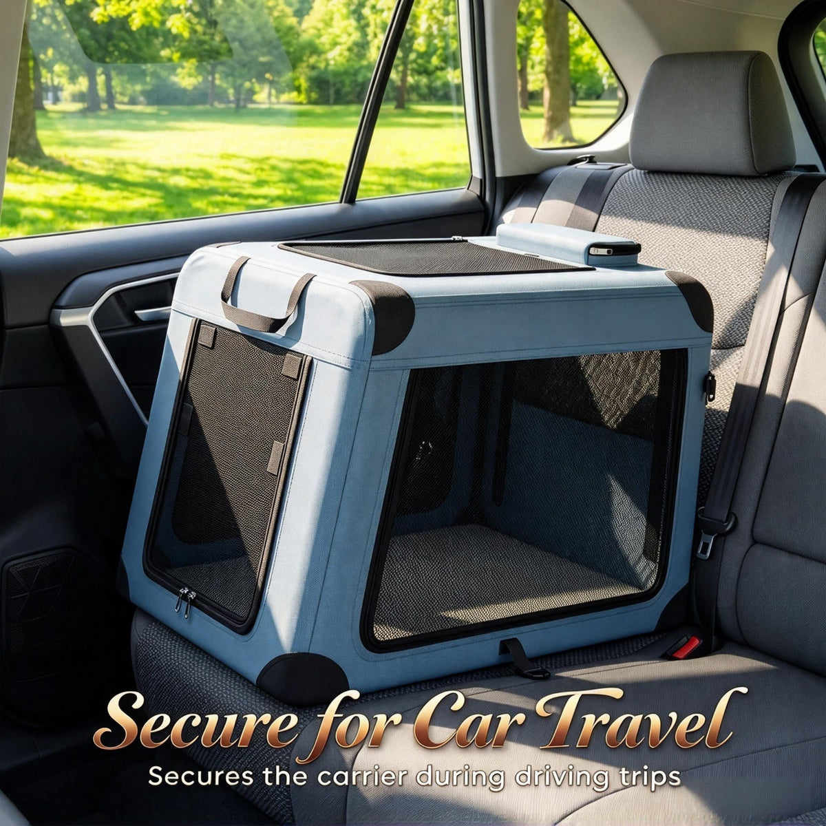 Blue pet carrier positioned on a car seat