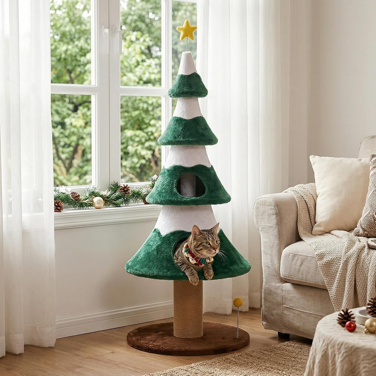 Green Christmas tree cat tower by window