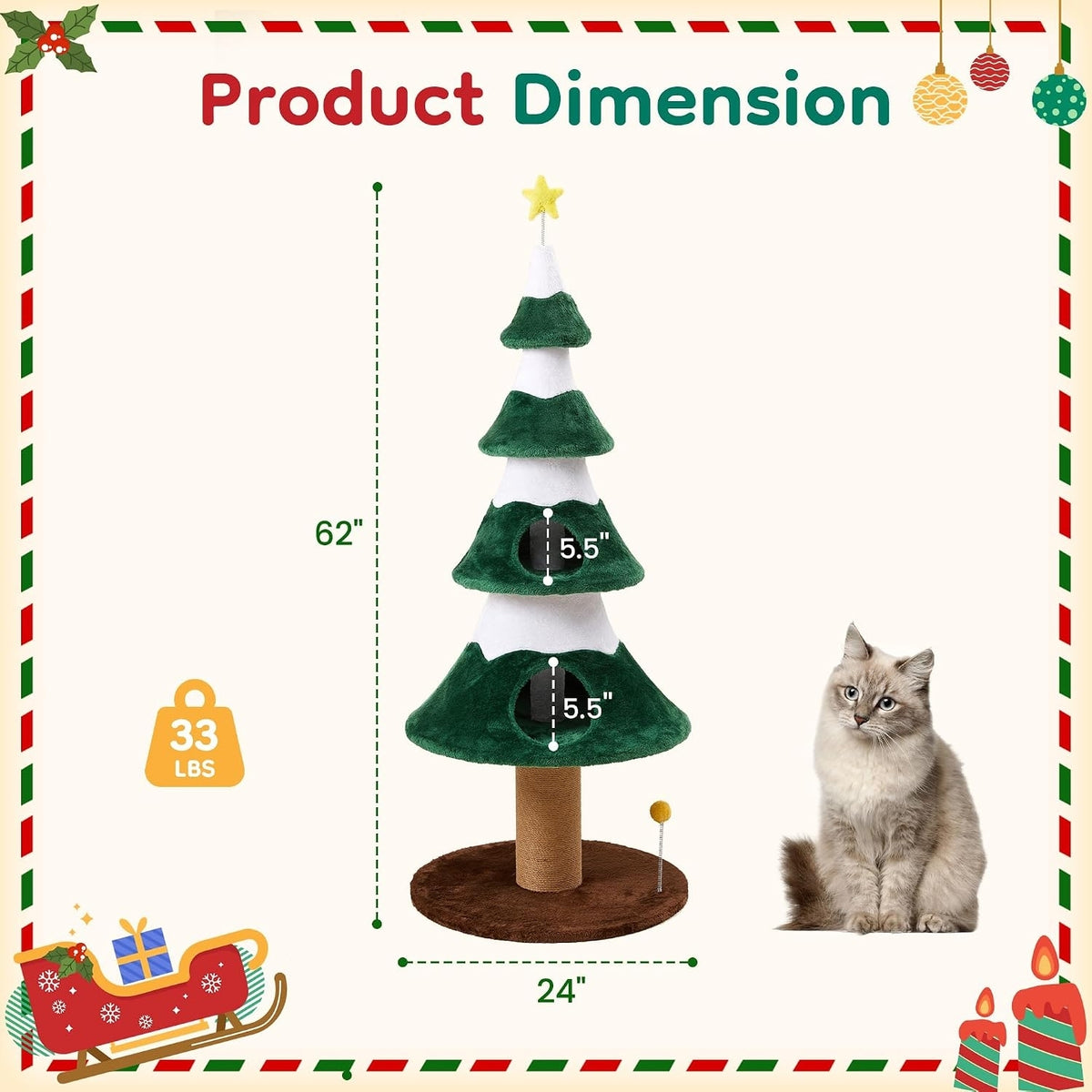 62 inch cat tree size, 24 inch base and 33 lb load guide