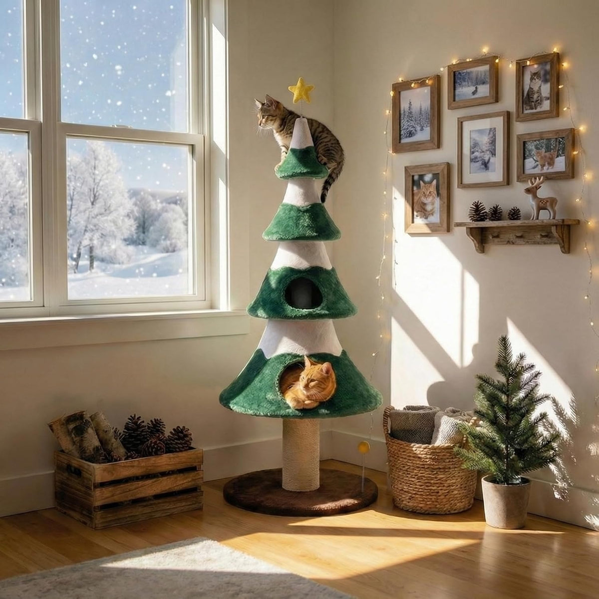 Cat resting in tree-shaped hideaway