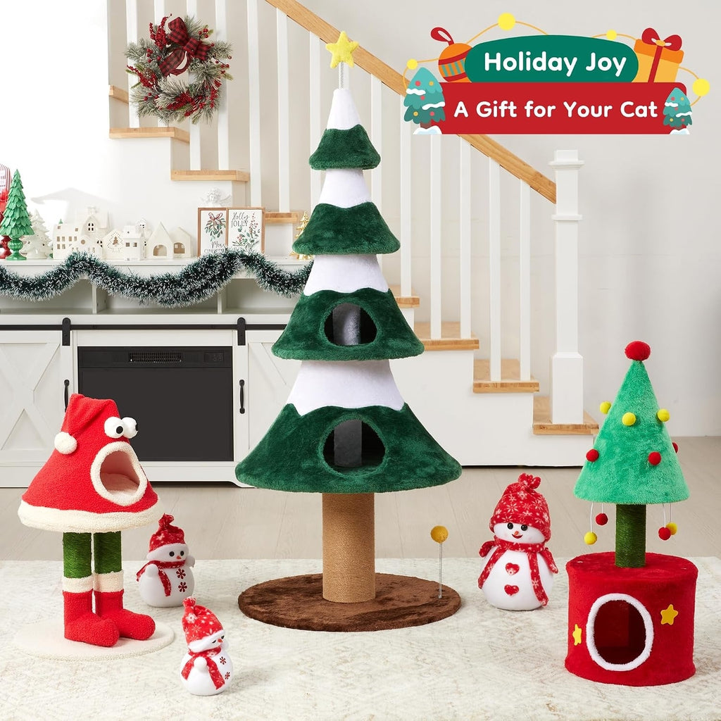 Green Christmas cat tower beside other decorative props