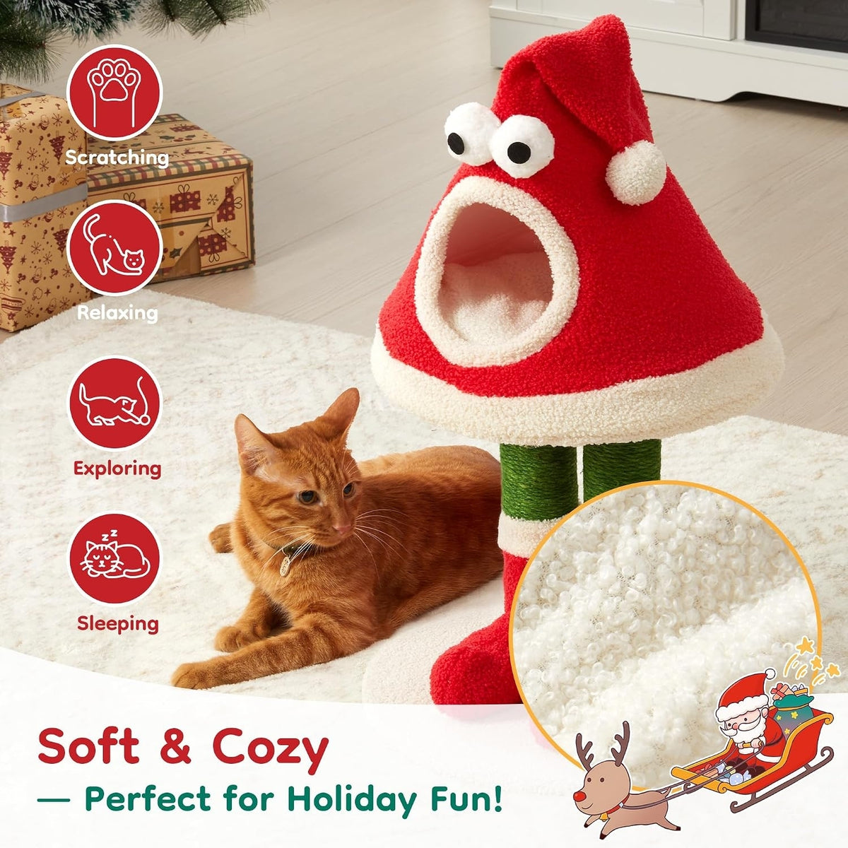 Christmas cat tree beside a resting cat
