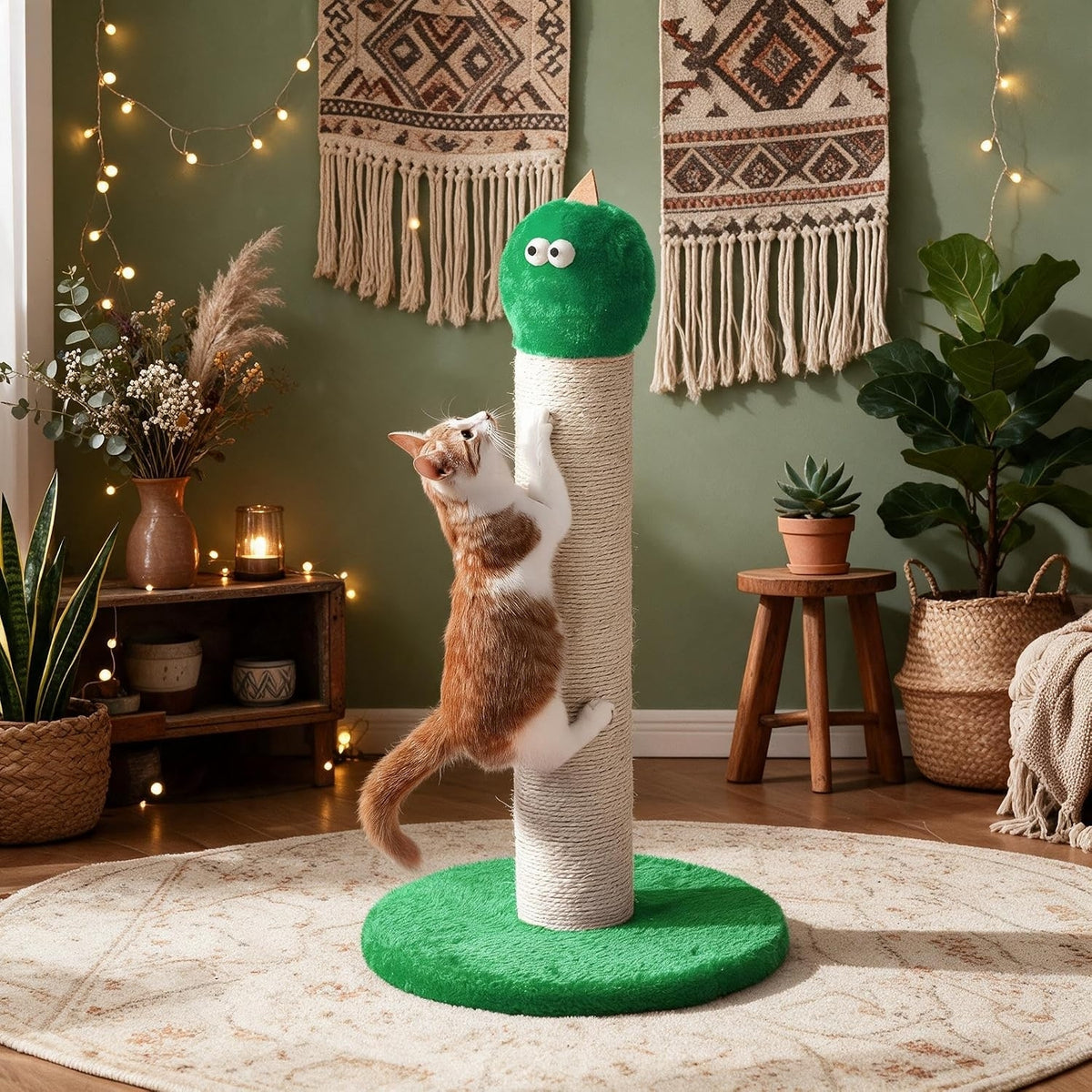 Cat scratching green monster sisal post