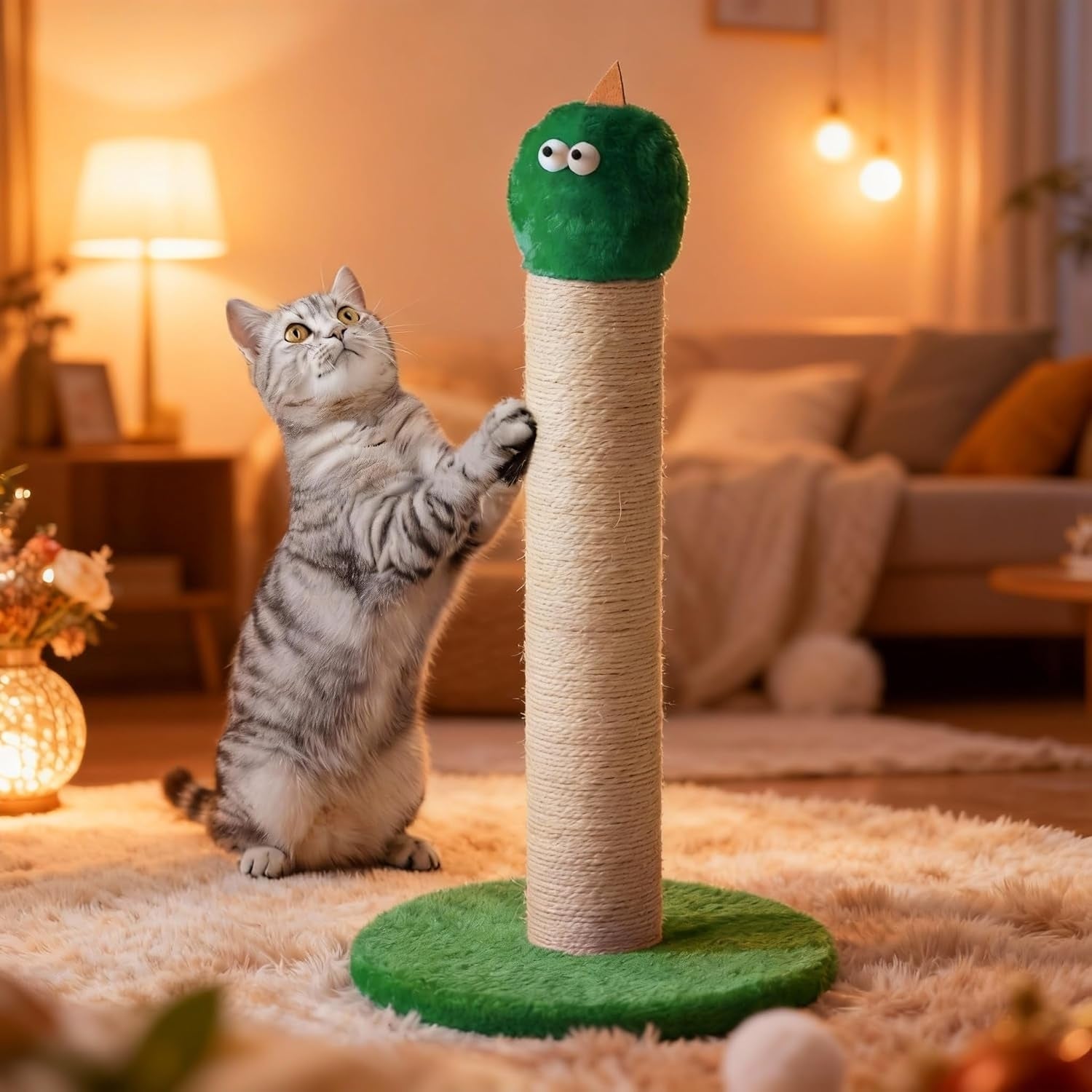22-Inch Green Monster Cat Scratching Post with Sisal Rope, Plush Head and Round Base T6051P603682 Secondary image