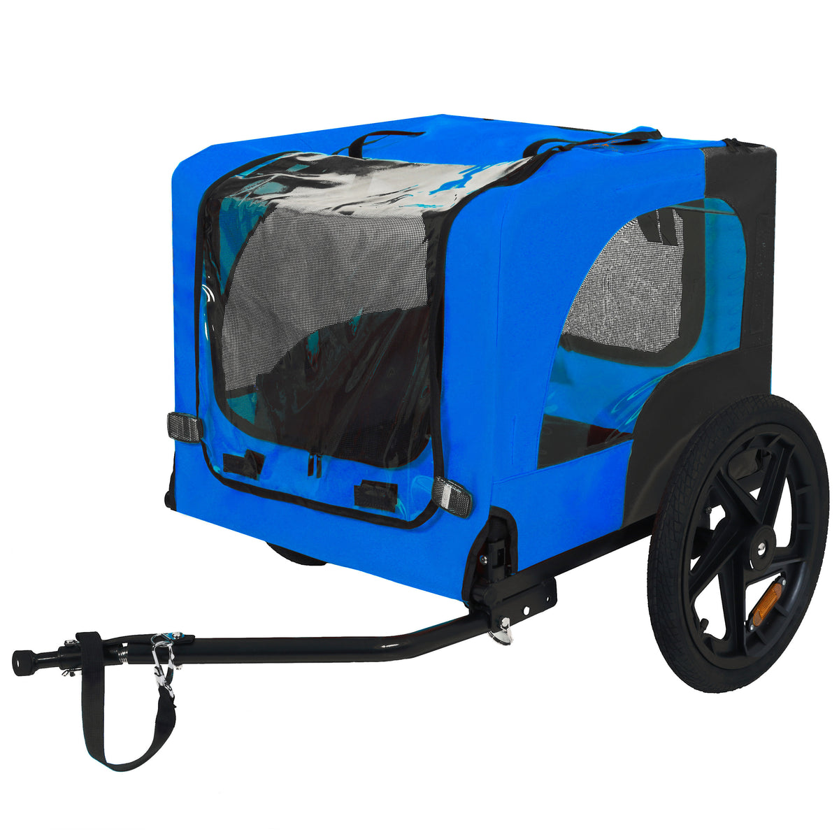 Blue pet bike trailer three-quarter view