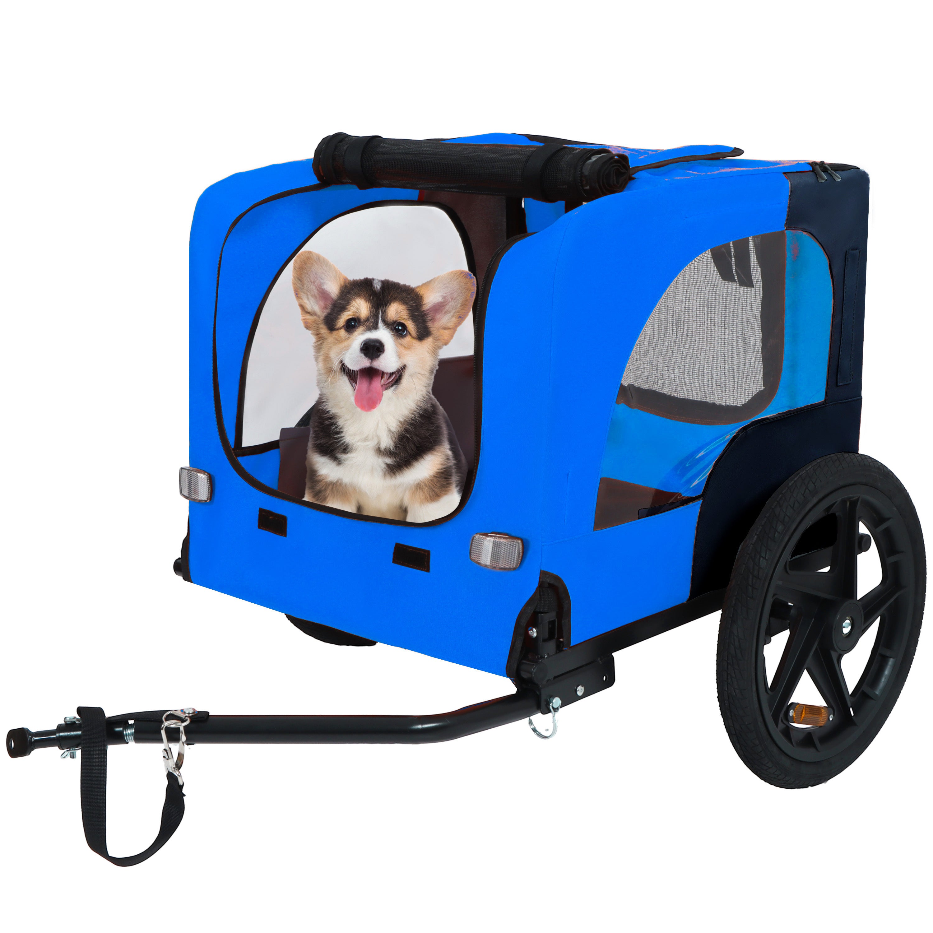 Folding Dog Bike Trailer with 16-Inch Air-Filled Wheels, Mesh Windows and Safety Leash – Blue W136456109 Secondary image