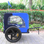 Blue dog bike trailer parked outdoors