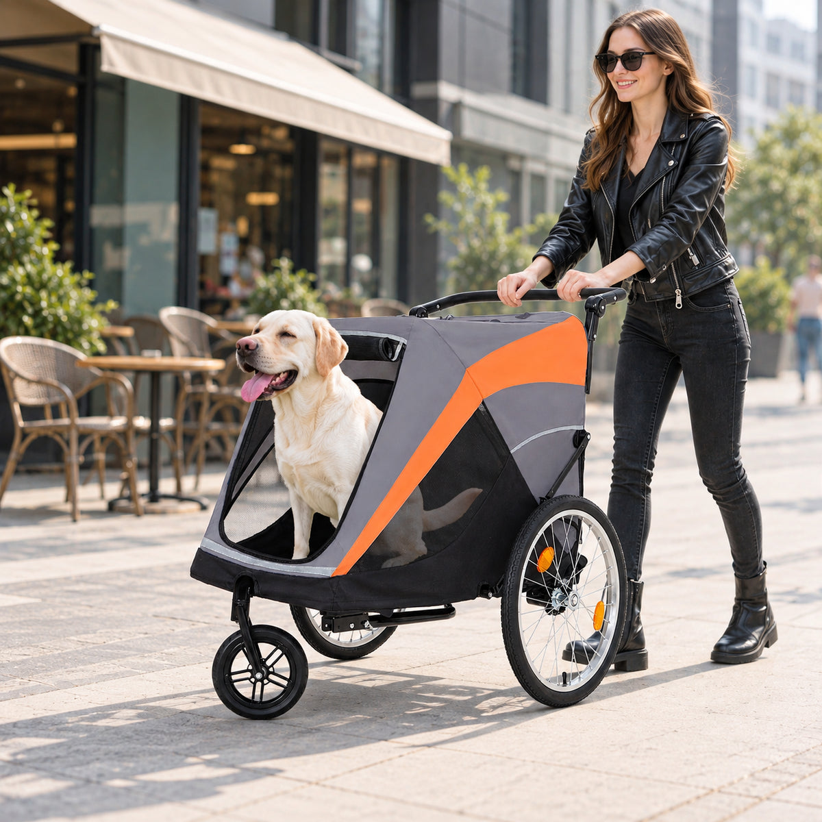 Gray and orange pet trailer used as a stroller on a sidewalk Main image