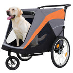 Gray and orange pet stroller with dog