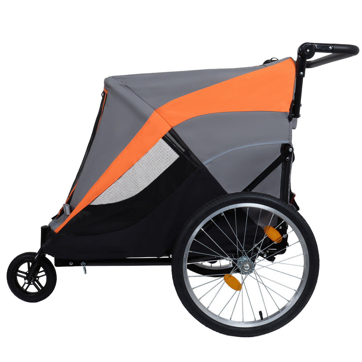 Side profile of orange pet stroller