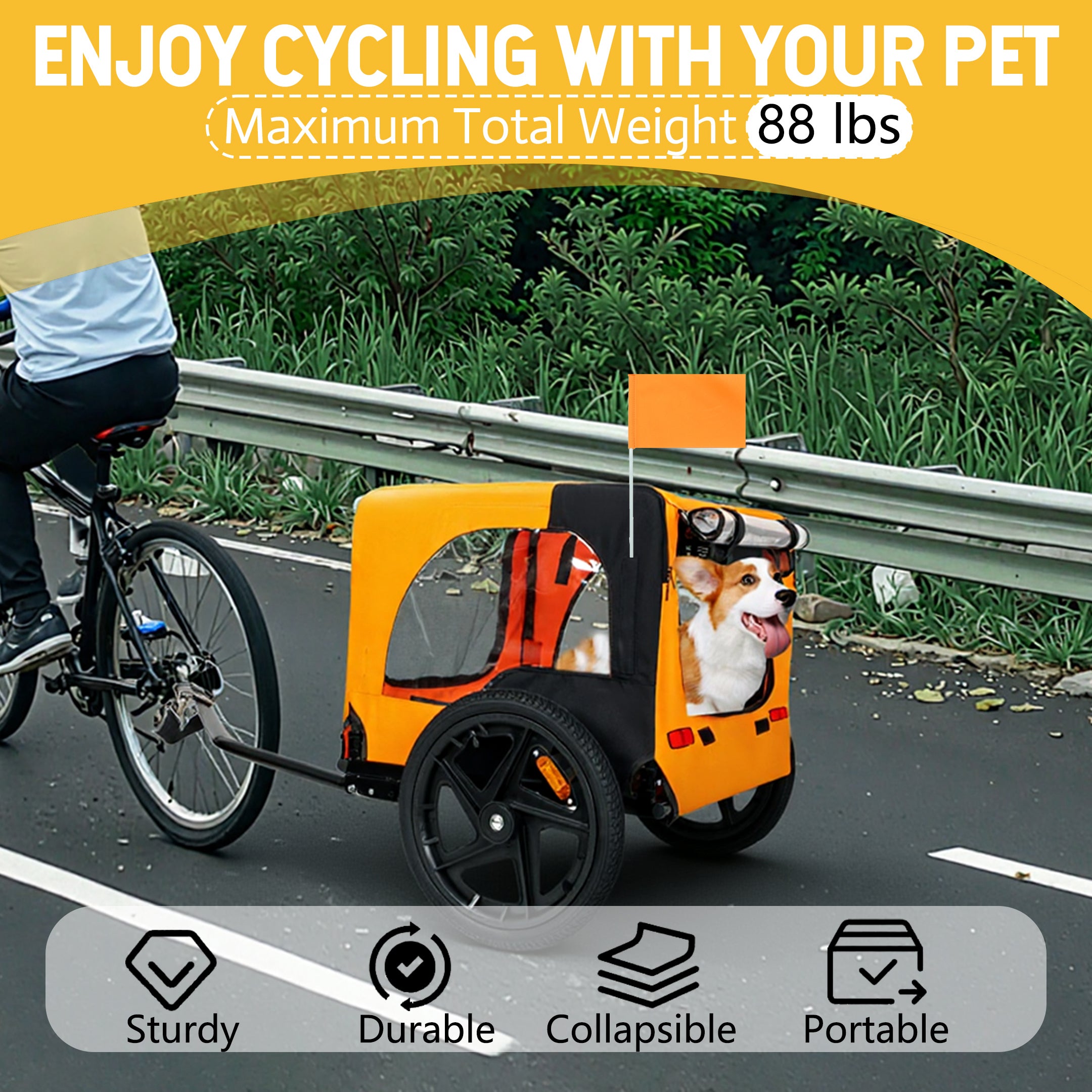 Folding Pet Bike Trailer with 16-Inch Wheels – Black & Orange W1364P357552 Secondary image