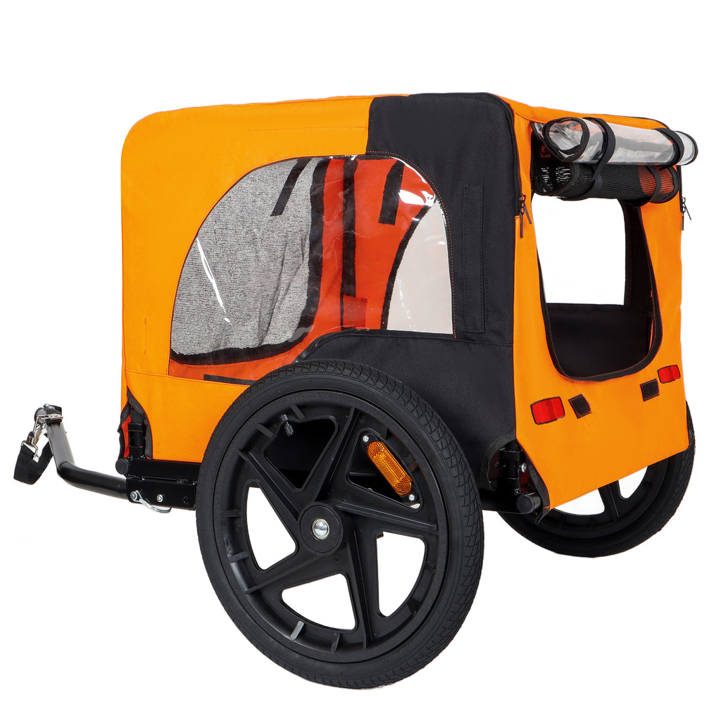 Folding Pet Bike Trailer Orange — rear three-quarter view