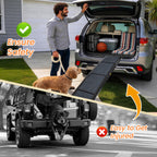 Dog beside folding vehicle ramp and SUV