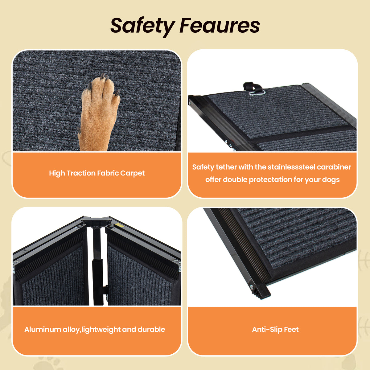 Aluminum frame, safety tether and carpet details