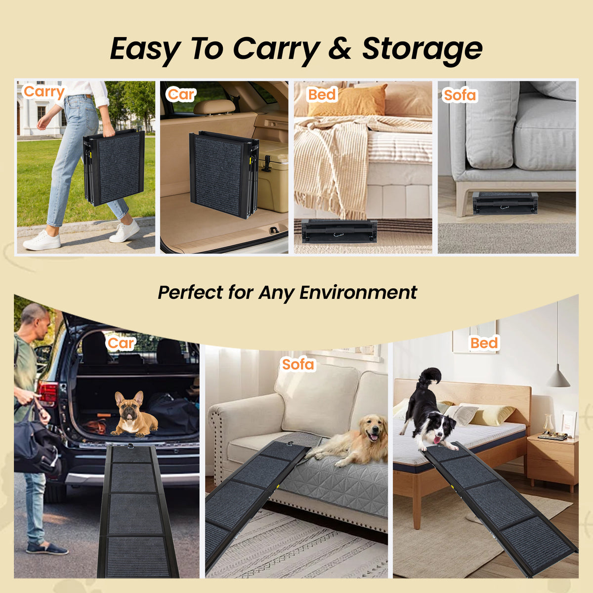 Folding ramp carry and storage examples