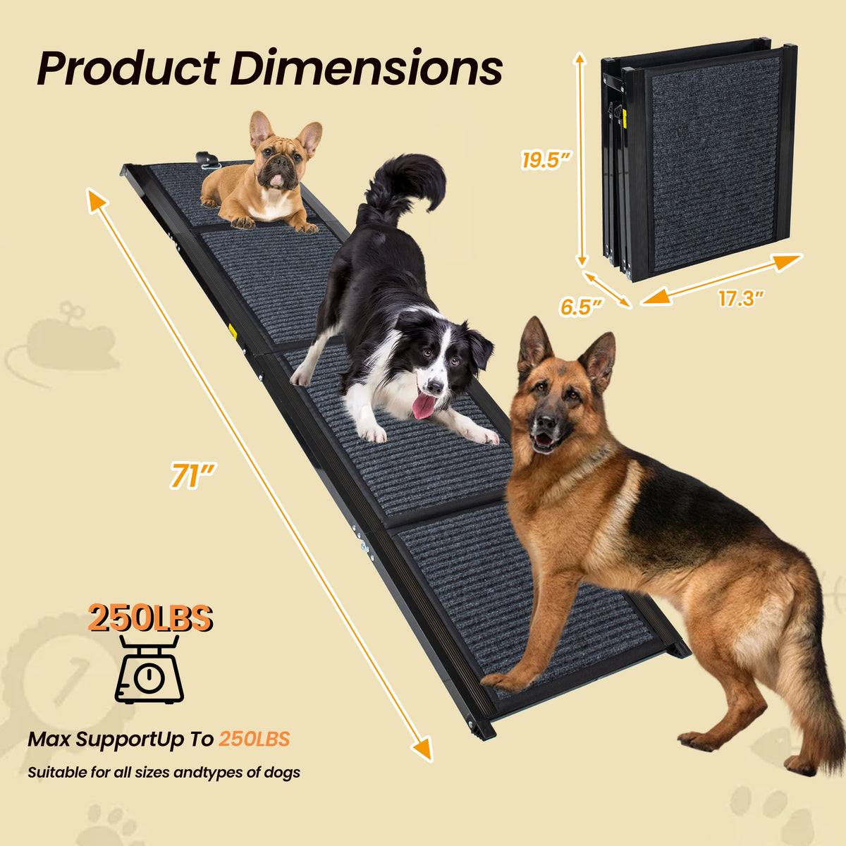 71 inch ramp size and 250 lb load diagram
