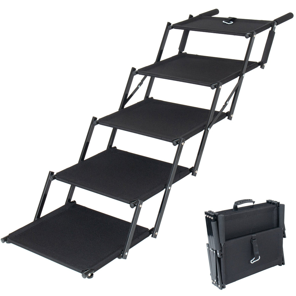 Black folding five-step dog stairs — open stairs and folded configuration