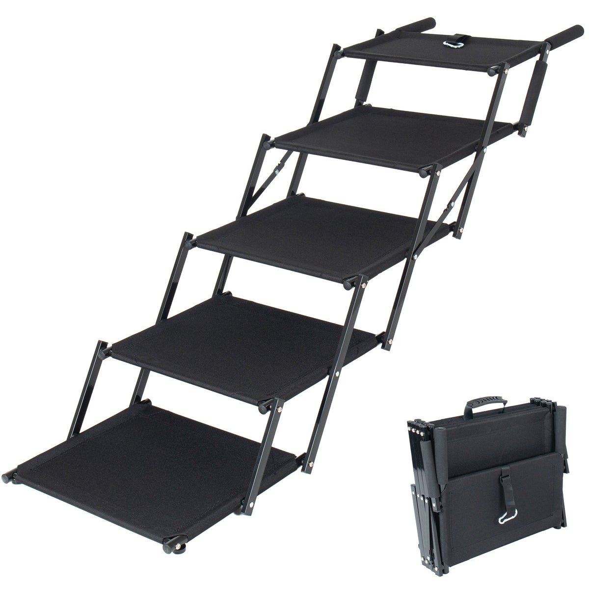 Black folding five-step dog stairs — open stairs and folded configuration