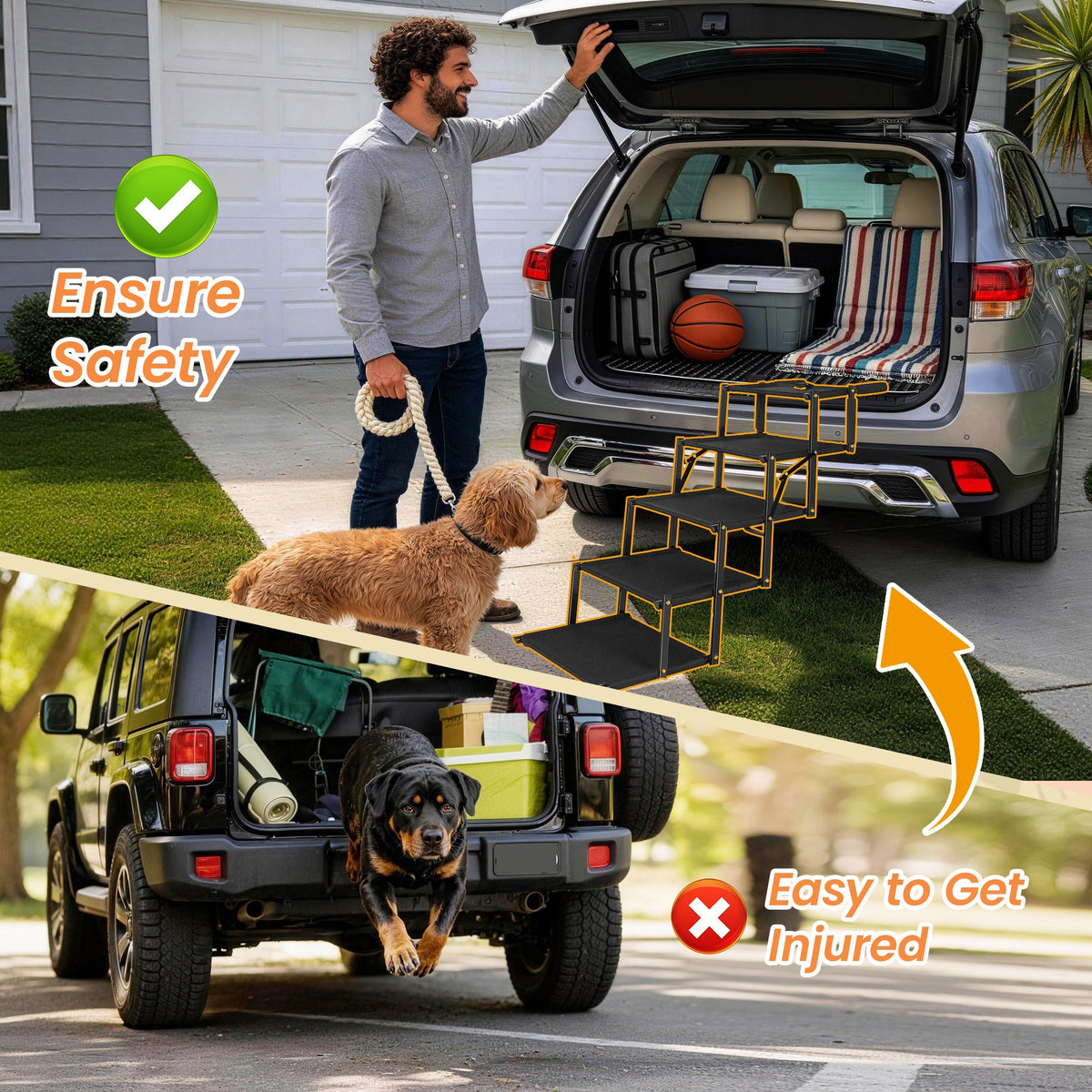 Black folding five-step dog stairs — stairs positioned at a vehicle