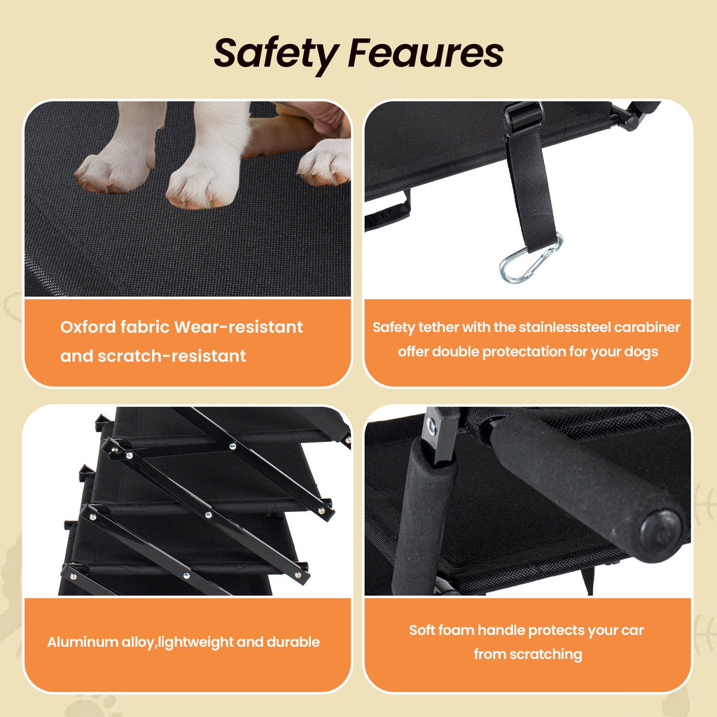 Black folding five-step dog stairs — handle and attachment details