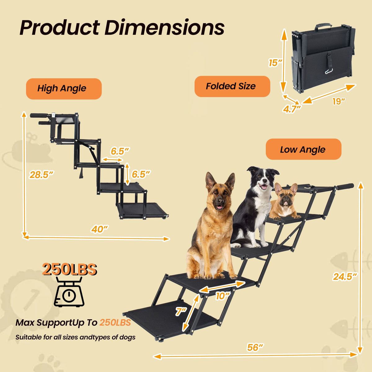 Black folding five-step dog stairs — adjustable setup dimensions
