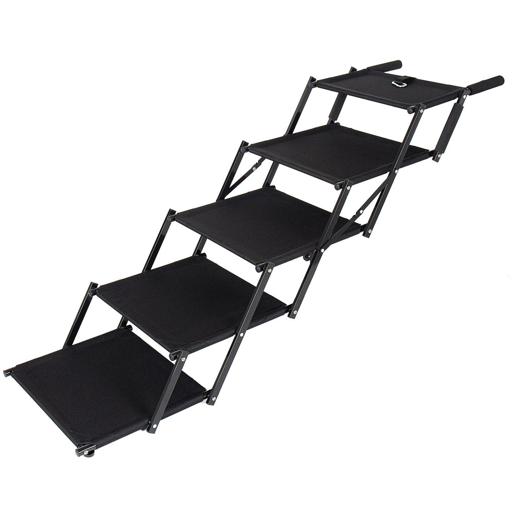 Black folding five-step dog stairs — expanded frame
