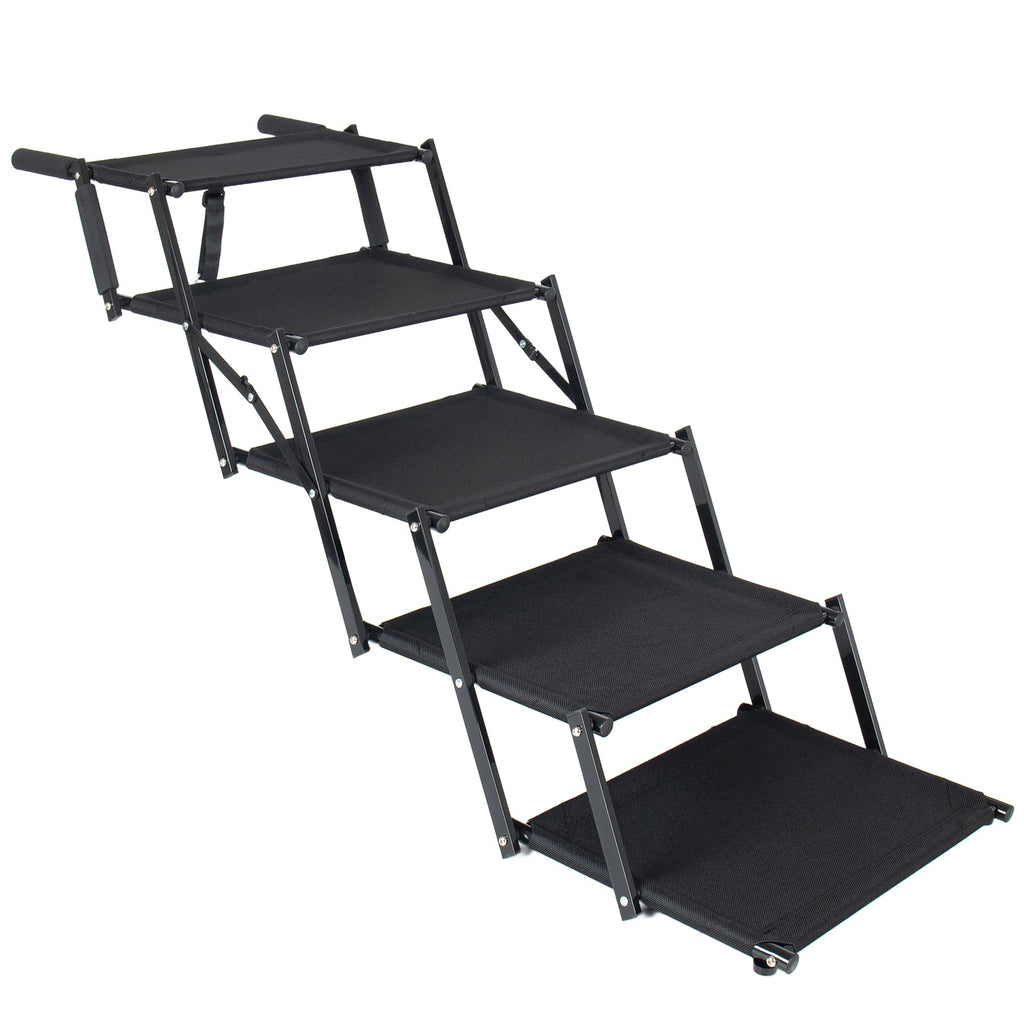 Black folding five-step dog stairs — angled product view
