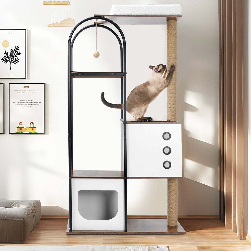 White and rustic brown cat tree — cat on tower