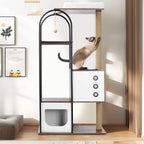 White and rustic brown cat tree — cat on tower