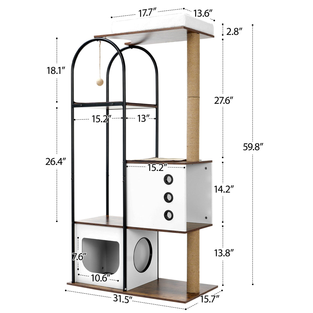 White and rustic brown cat tree — overall dimensions in inches
