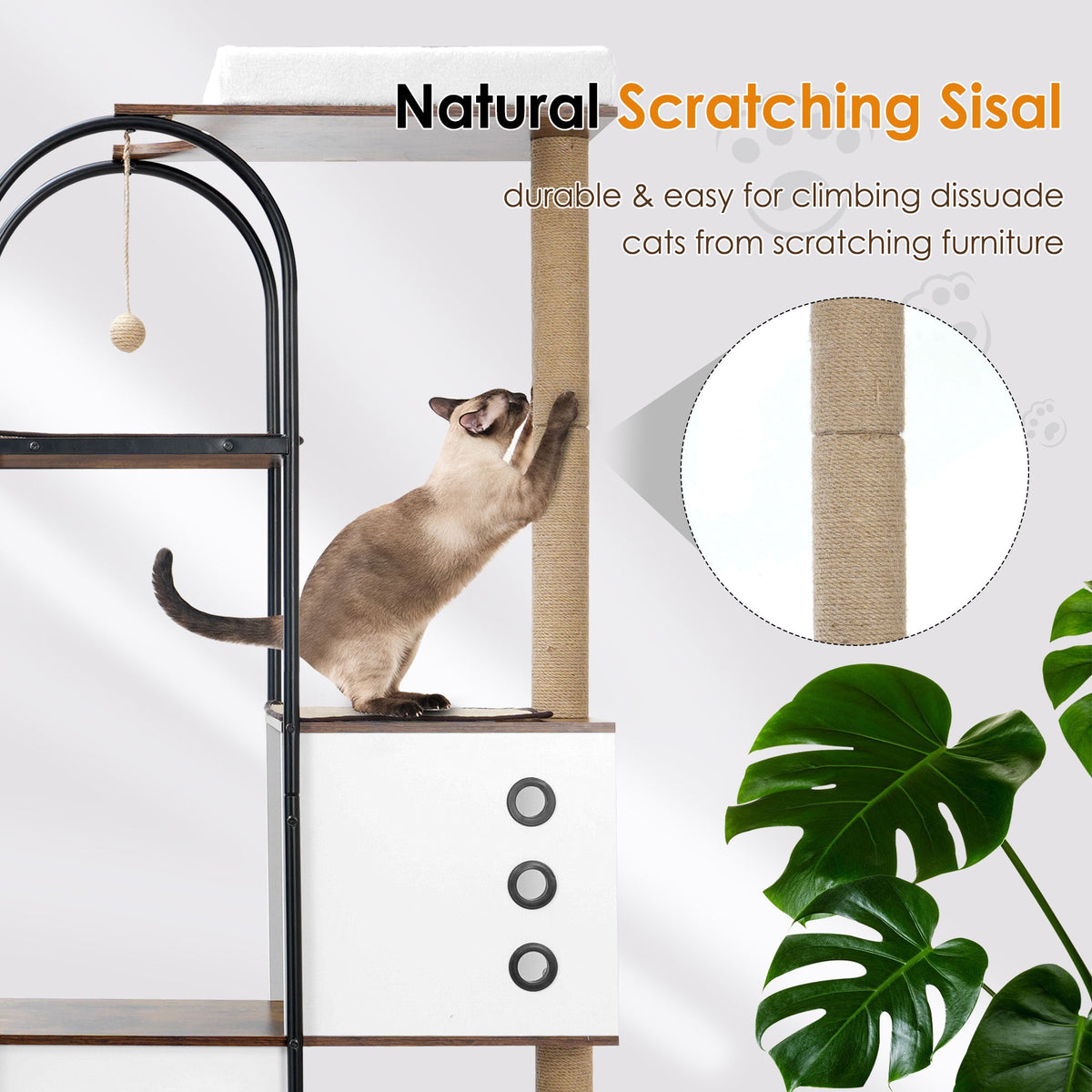 White and rustic brown cat tree — sisal scratching post