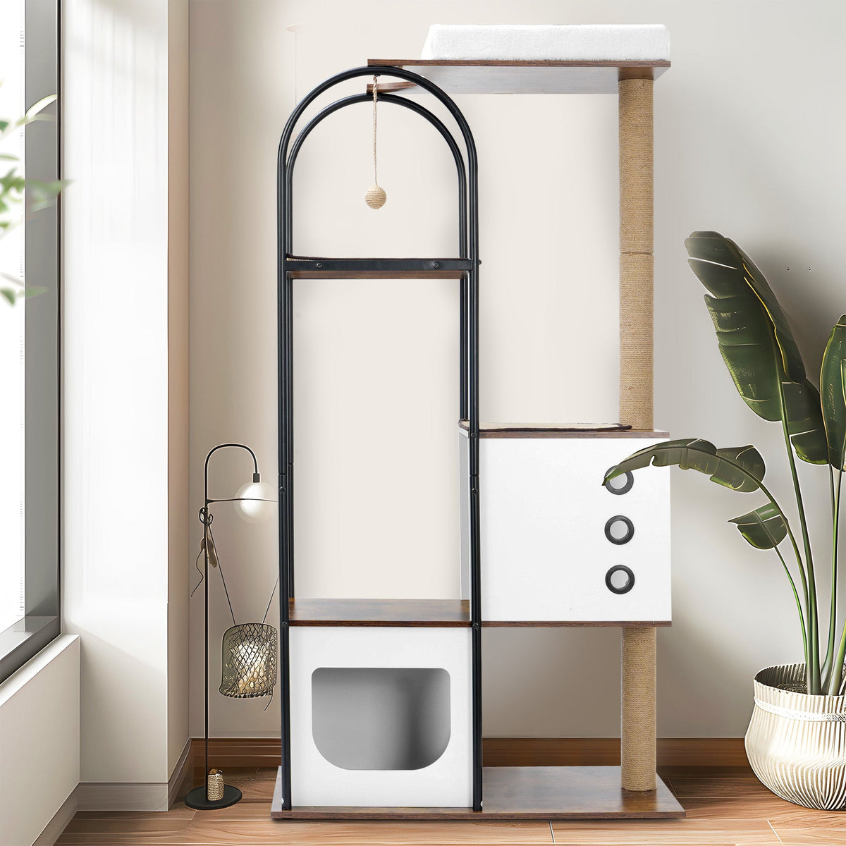 White and rustic brown cat tree — room placement