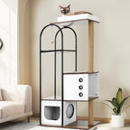 White and rustic brown cat tree — cat tree in living room
