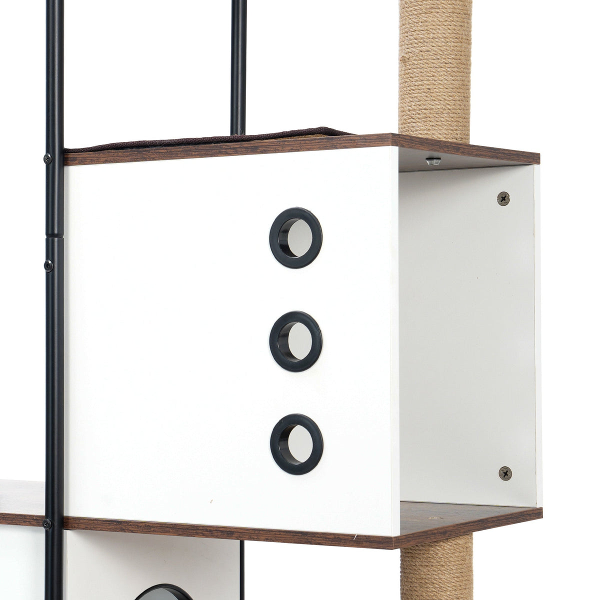White and rustic brown cat tree — condo close-up