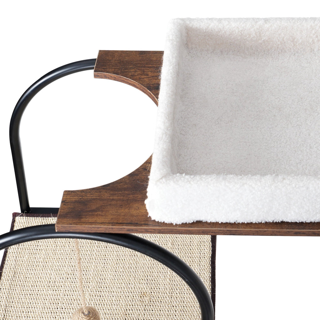White and rustic brown cat tree — upper perch
