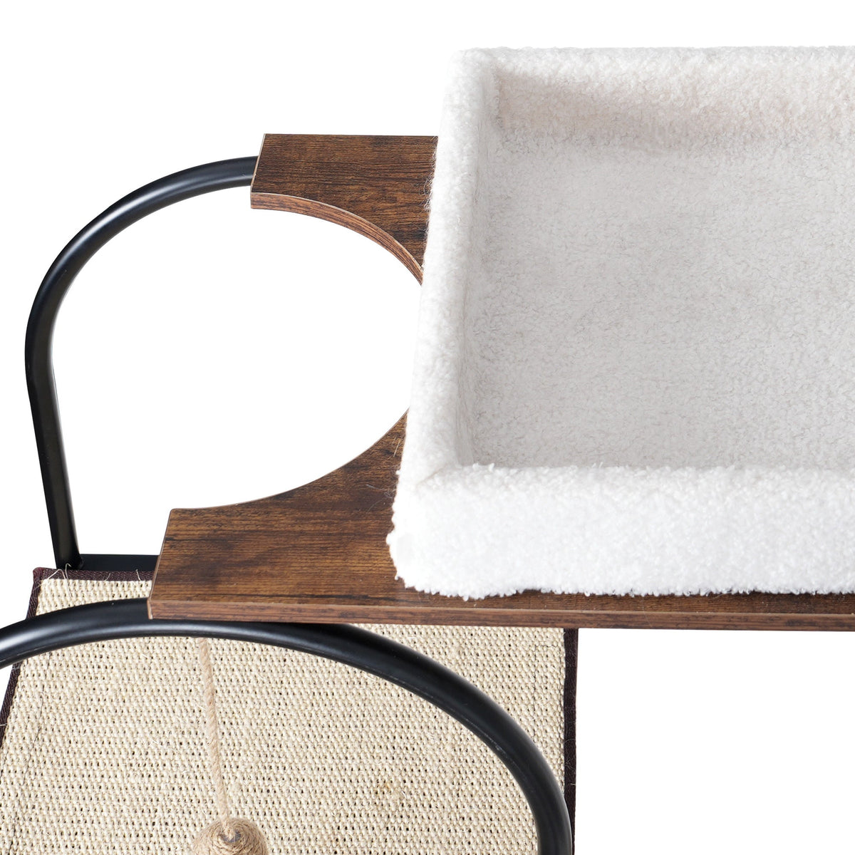 White and rustic brown cat tree — upper perch