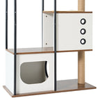 White and rustic brown cat tree — dual condos