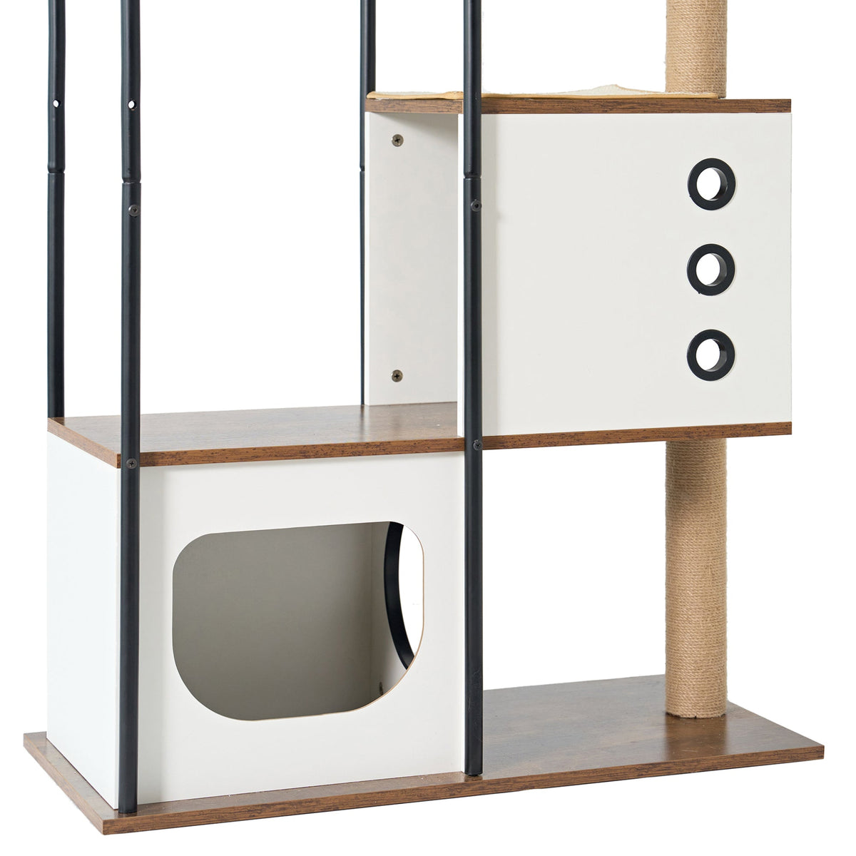 White and rustic brown cat tree — dual condos