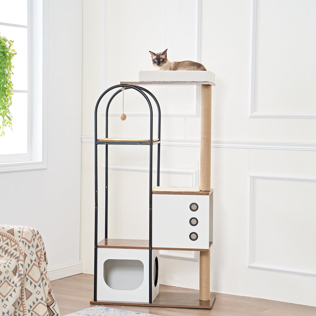 White and rustic brown cat tree — room angle