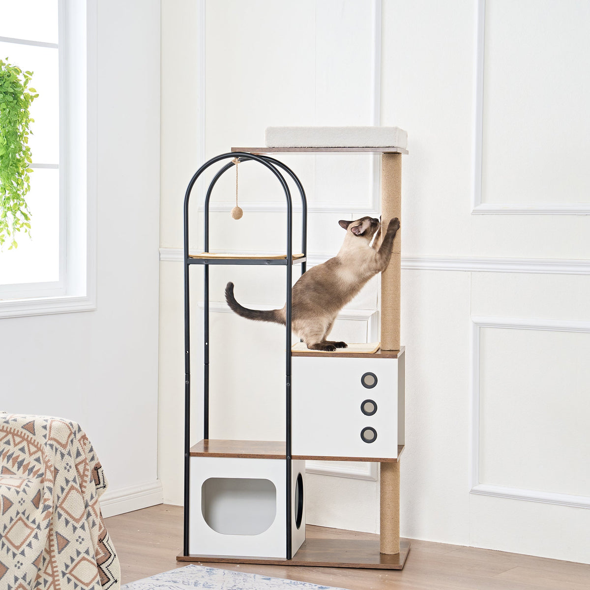 White and rustic brown cat tree — alternate room angle