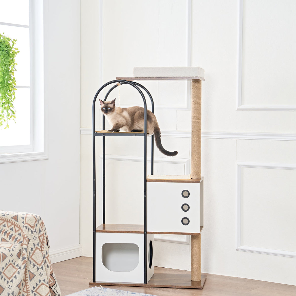 White and rustic brown cat tree — home placement