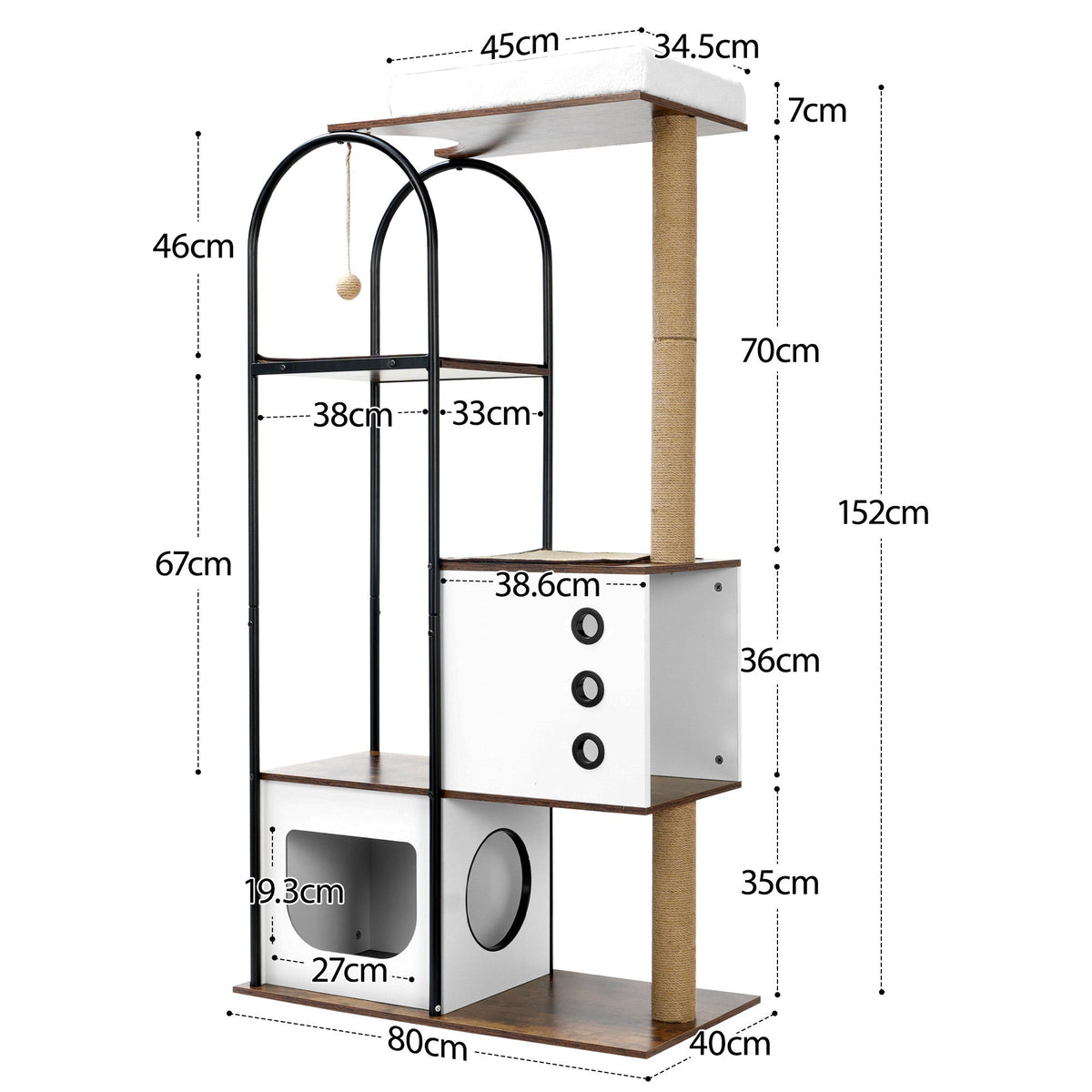 White and rustic brown cat tree — overall dimensions in centimeters