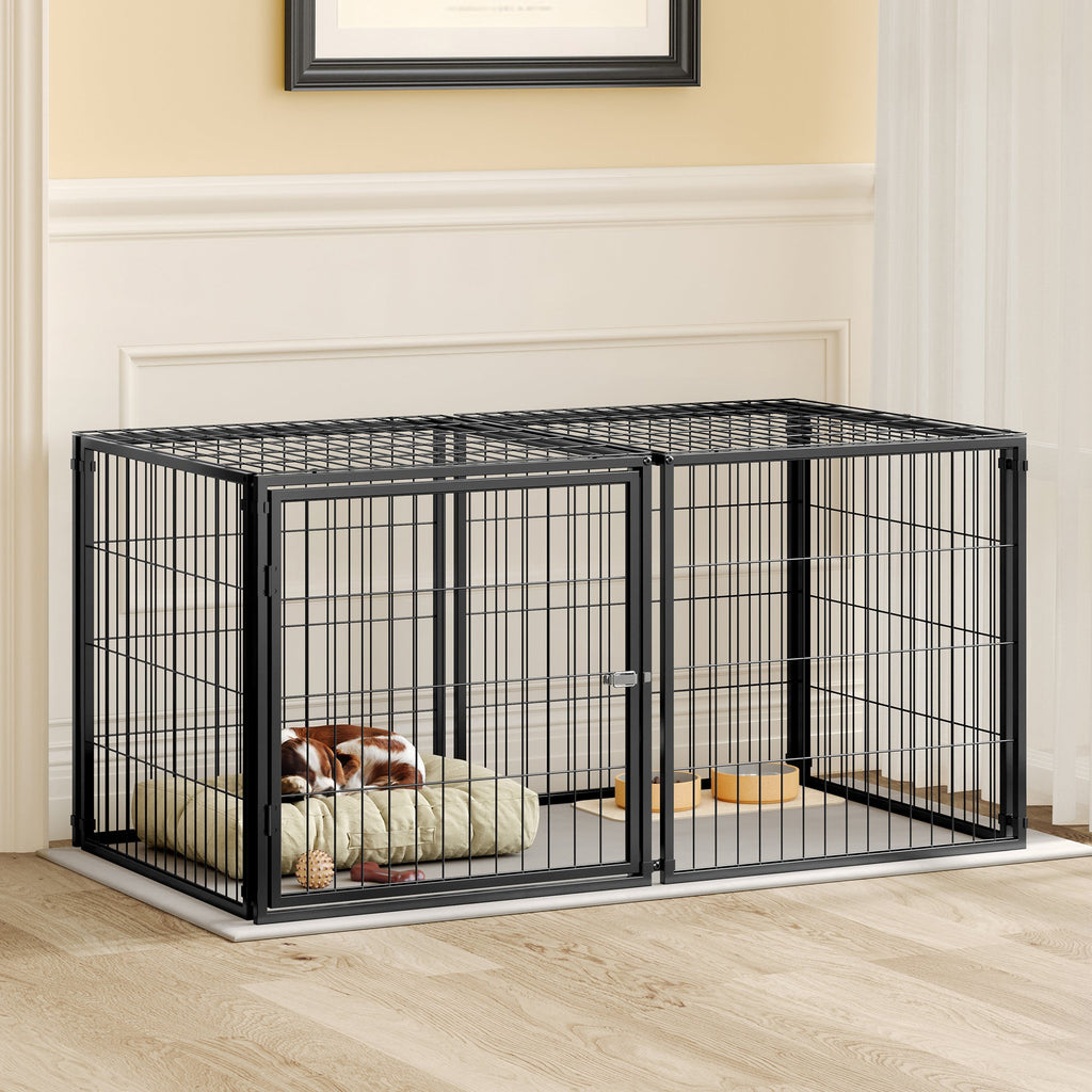 Black modular indoor dog kennel — room placement