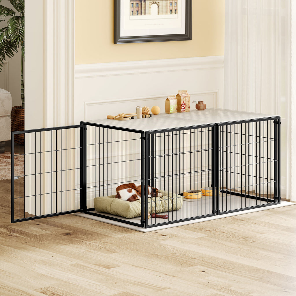 Black modular indoor dog kennel — angled room view