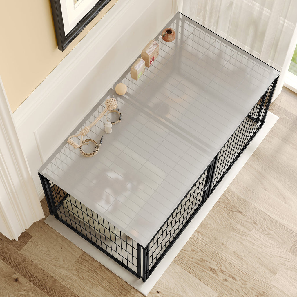 Black modular indoor dog kennel — door configuration